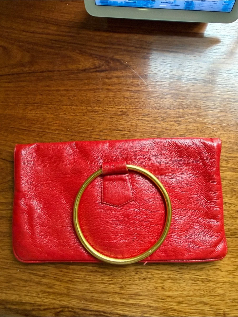 Red Leather Ring-Handle Clutch